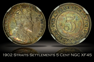1902 Straits Settlements 5 Cents NGC XF45