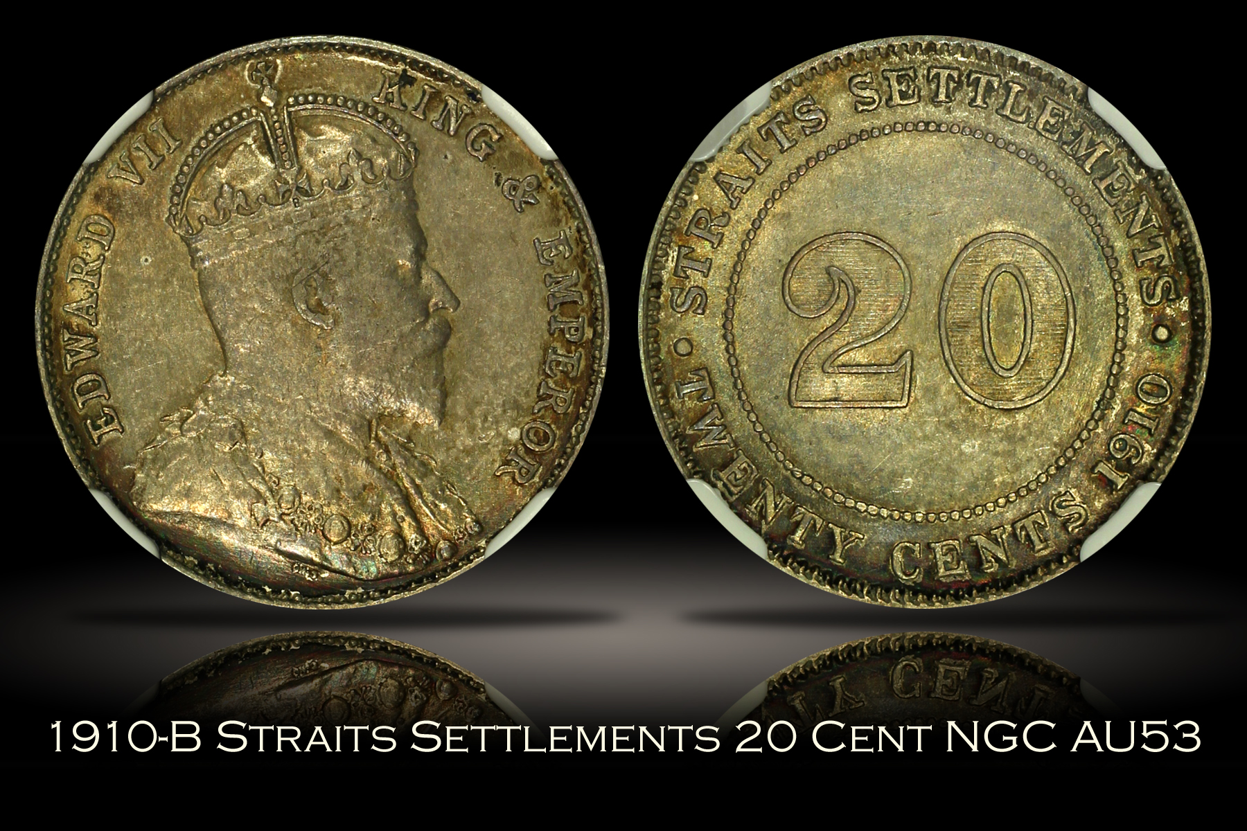 1910-B Straits Settlements 20 Cents NGC AU53