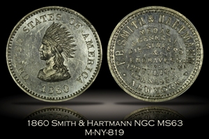 1860 Smith & Hartmann Indian Token NY-819 NGC MS63