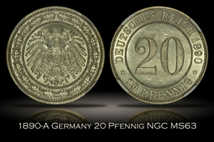 1890-A Germany 20 Pfennig NGC MS63
