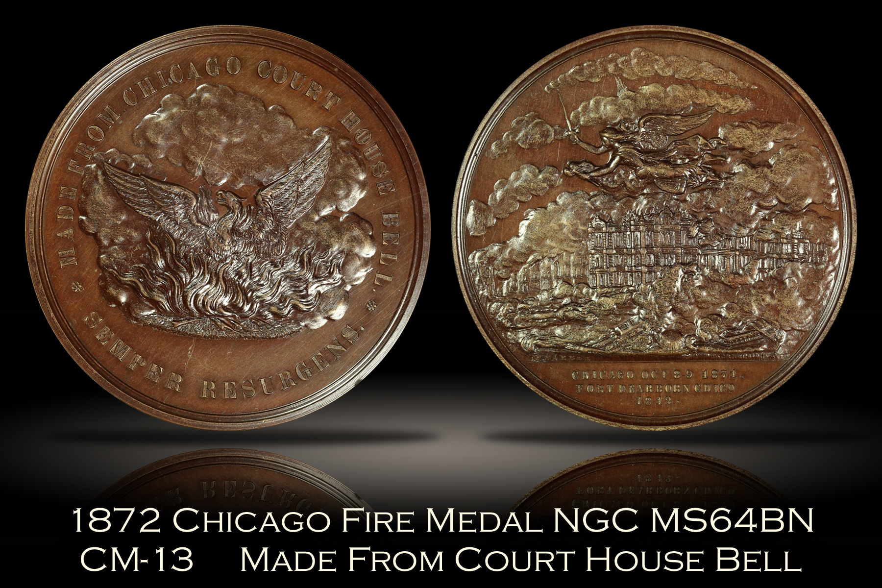 1872 Chicago Fire Court House Bell CM-13 Medal NGC MS64BN