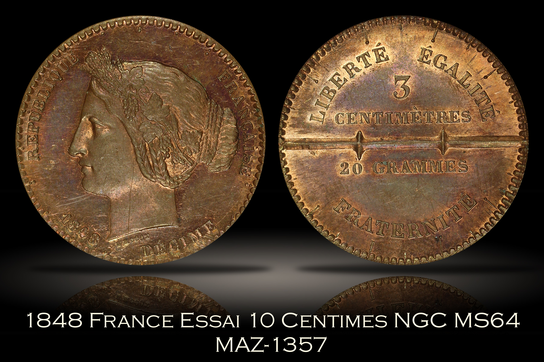 1848 France Essai 10 Centimes NGC MS64 MAZ-1357A