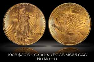 1908 $20 No Motto St. Gaudens Gold PCGS MS65 CAC