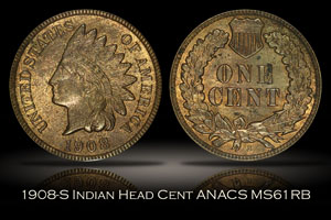 1908-S Indian Head Cent ANACS MS61RB