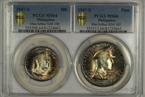 1947-S Philippines MacArthur 50 Centavos Peso Set PCGS MS64 MS66