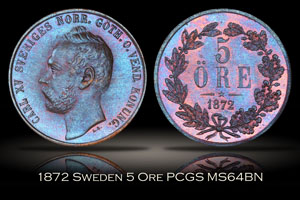 1872 Sweden 5 Ore PCGS MS64BN