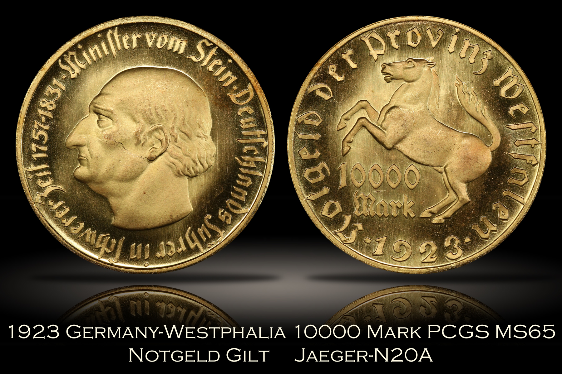 1923 Notgeld Germany Westphalia Gilt 10000 Marks Jaeger N20a PCGS MS65