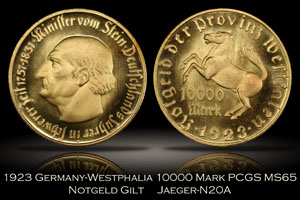 1923 Notgeld Germany Westphalia Gilt 10000 Marks Jaeger N20a PCGS MS65