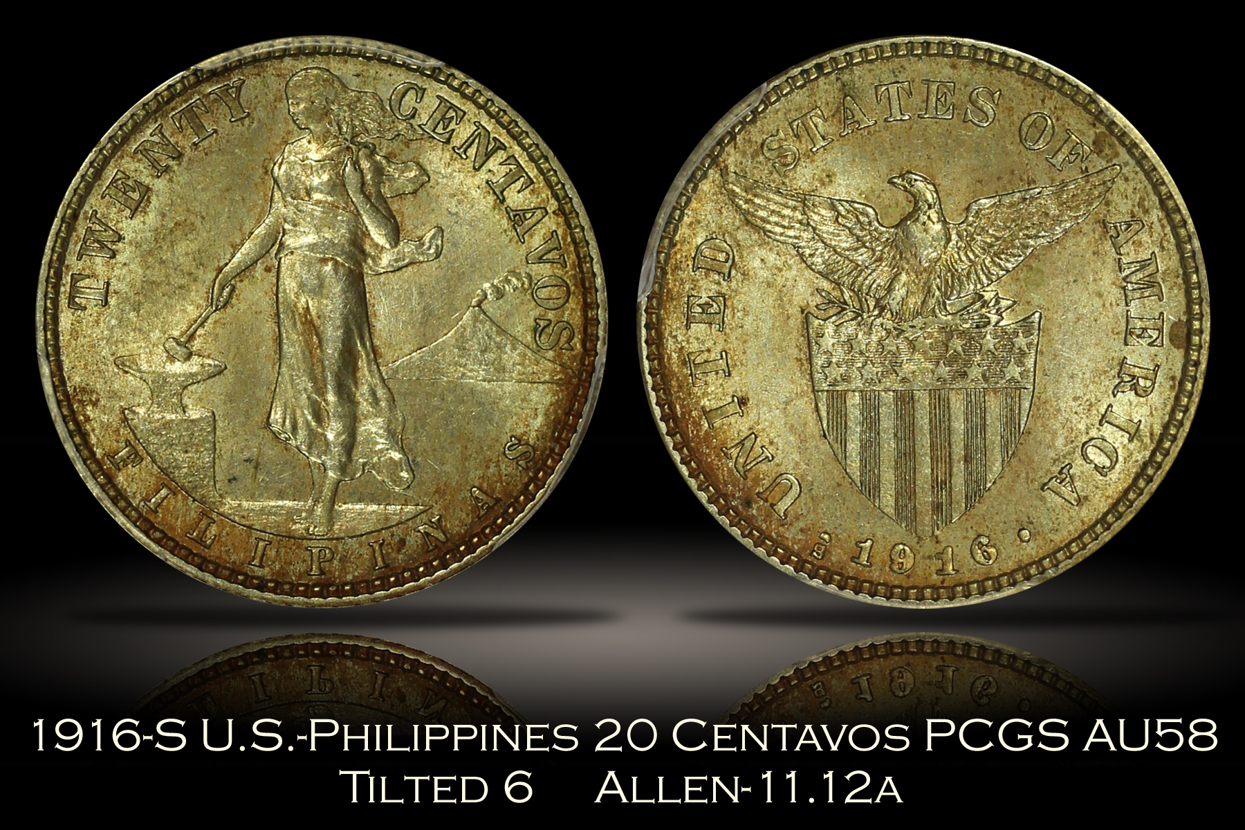 1916-S U.S.-Philippines 20 Centavos Tilted 6 Allen 11.12a PCGS AU58