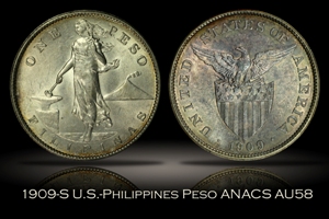1909-S U.S.-Philippines One Peso ANACS AU58